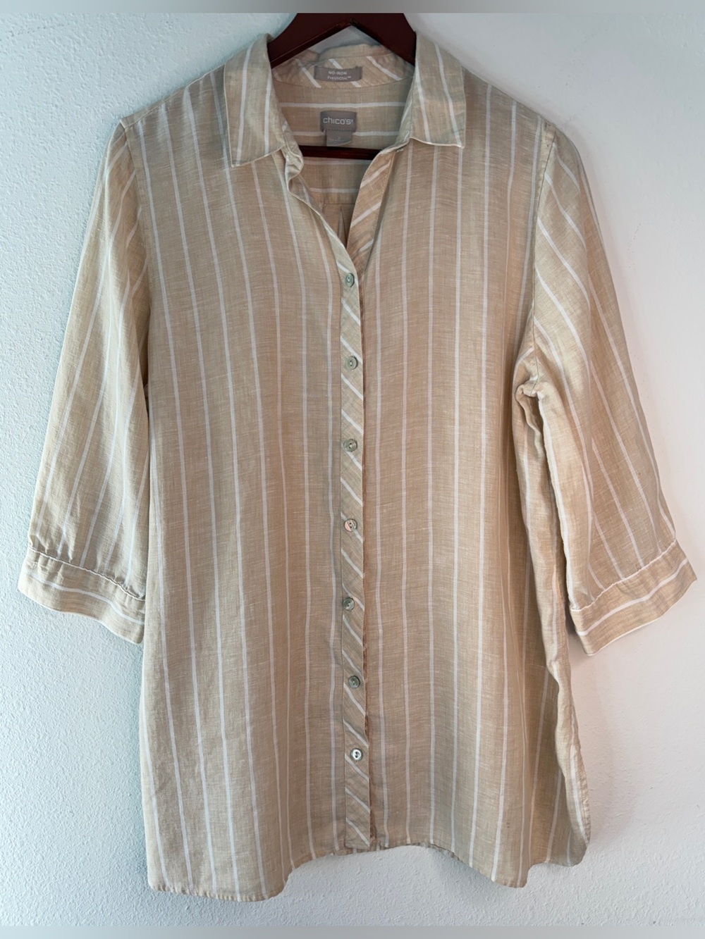 Chico's Tan Striped Button Front Tunic Top 100% Linen 3/4 Sleeve Casual Prep L